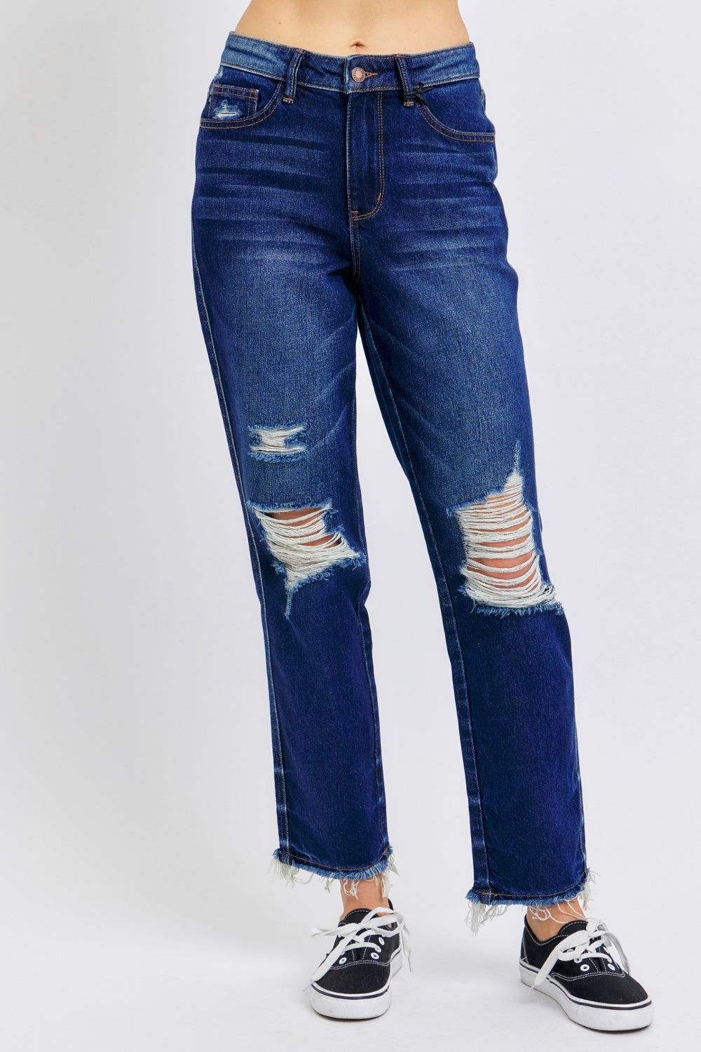 Judy Blue Tummy Control High-Rise Distressed Ridged Front Stretch Straight Leg Jeans Denim Pants