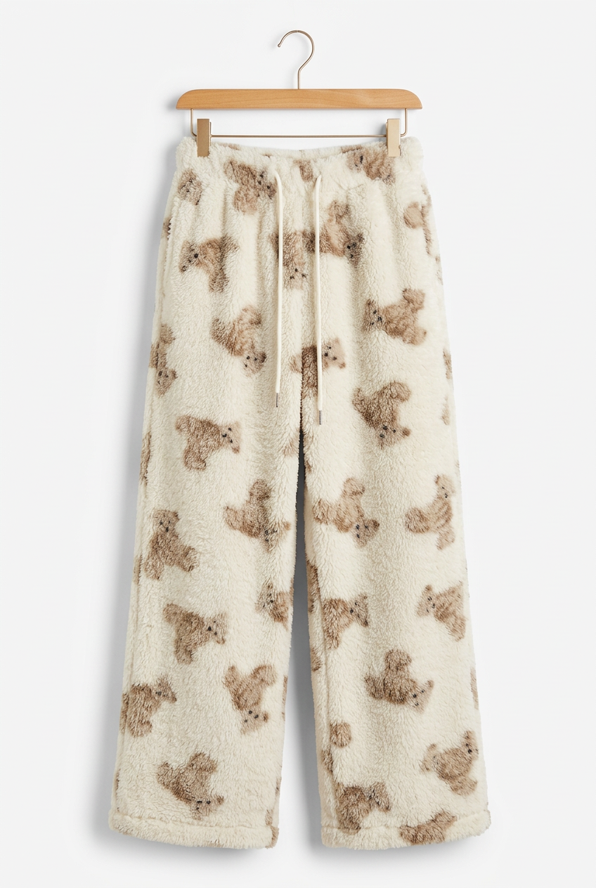 Fuzzy Teddy Bear Side Pocket Loungewear Drawstring Waist Fluffy Wide Leg Pants