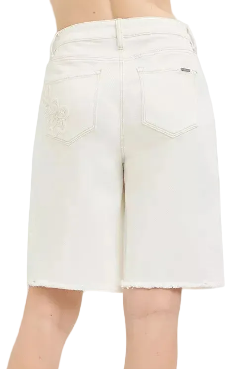 Risen Floral Embroidered Relaxed Fit Bermuda Baggy Jorts Long Denim Shorts