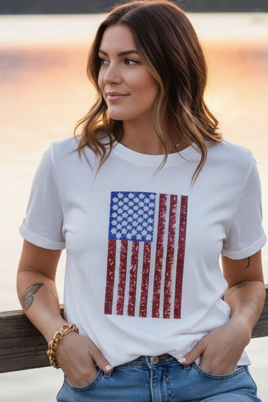 Sequin American US Flag Round Neck Top Cuffed Short Sleeve T-Shirt