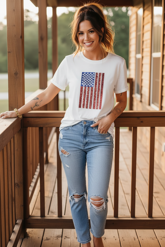 Sequin American US Flag Round Neck Top Cuffed Short Sleeve T-Shirt