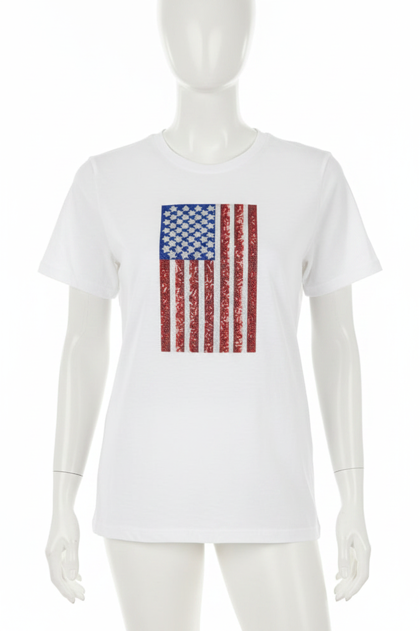 Sequin American US Flag Round Neck Top Cuffed Short Sleeve T-Shirt