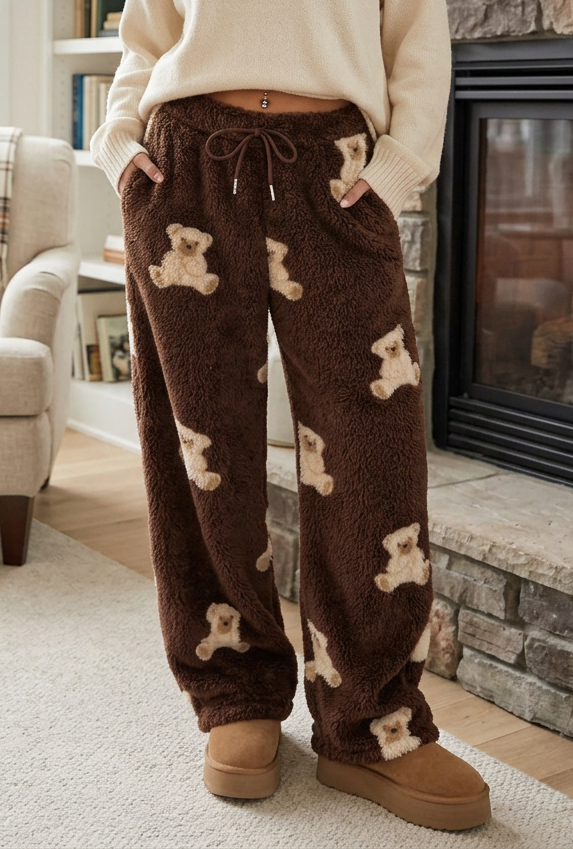 Fuzzy Teddy Bear Side Pocket Loungewear Drawstring Waist Fluffy Wide Leg Pants