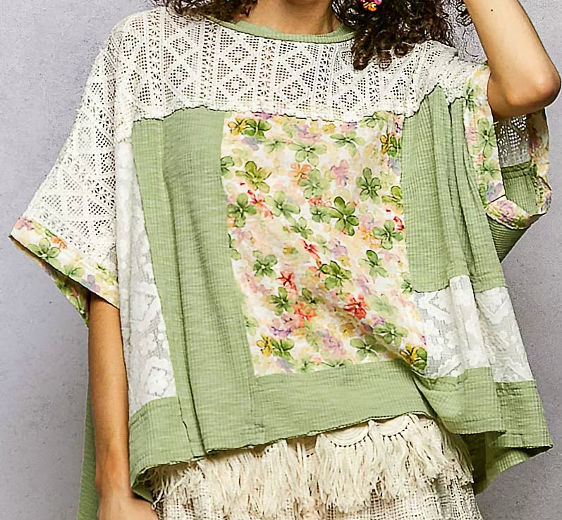 POL Floral Patchwork Lace Waffle Knit Top Oversized Blouse Exposed Seam Shirt Sage Green