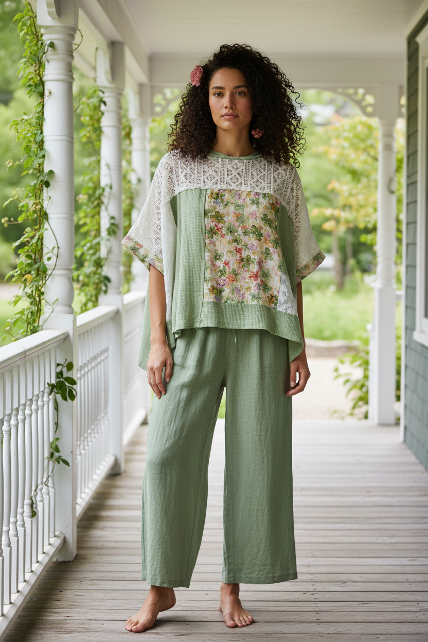 POL Floral Patchwork Lace Waffle Knit Top Oversized Blouse Exposed Seam Shirt Sage Green