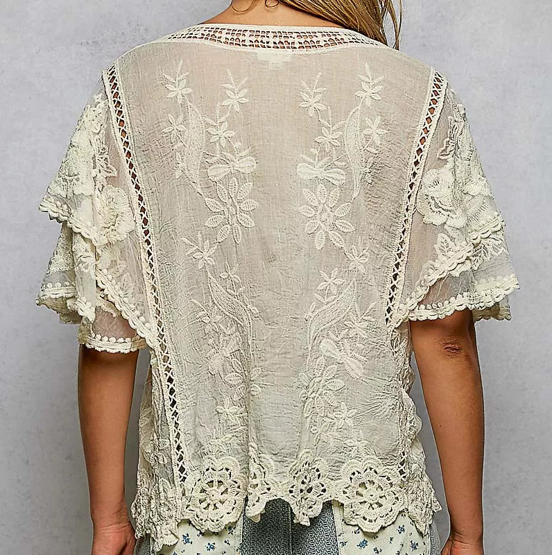 POL Floral Embroidered Flutter Sleeve Blouse Crochet Scalloped Hem Eyelet Lace Top Natural Beige