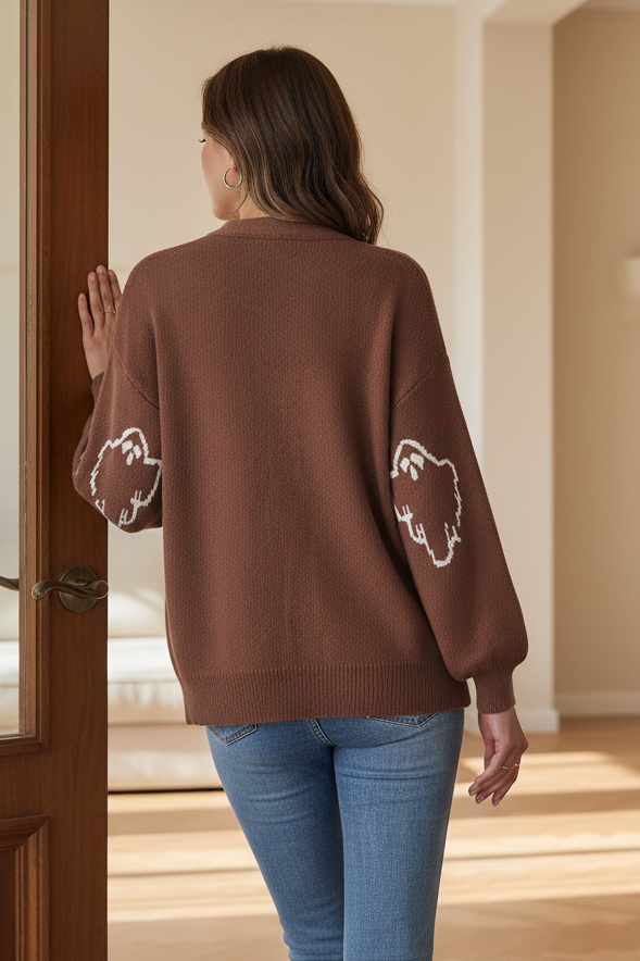 Contrast Knit Ghost V-Neck Button Front Cardigan Halloween Long Sleeve Pullover