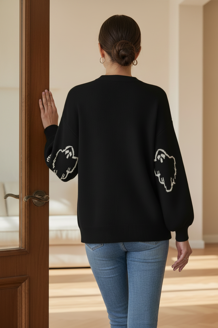 Contrast Knit Ghost V-Neck Button Front Cardigan Halloween Long Sleeve Pullover