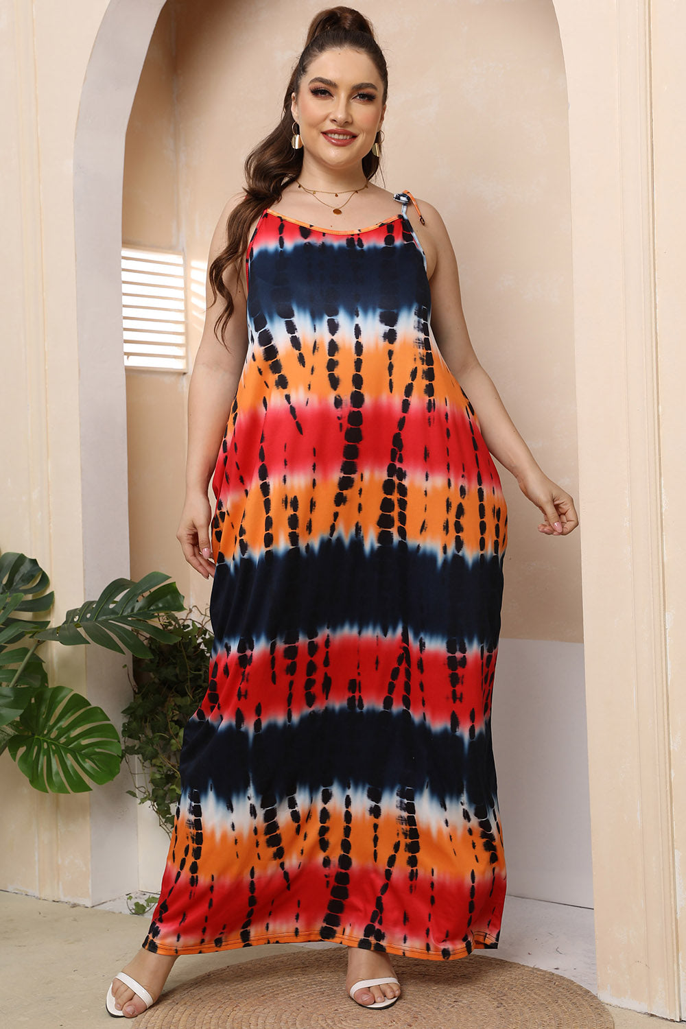 Retro Tie-Dye Sleeveless Adjustable Tie Spaghetti Strap Maxi Dress