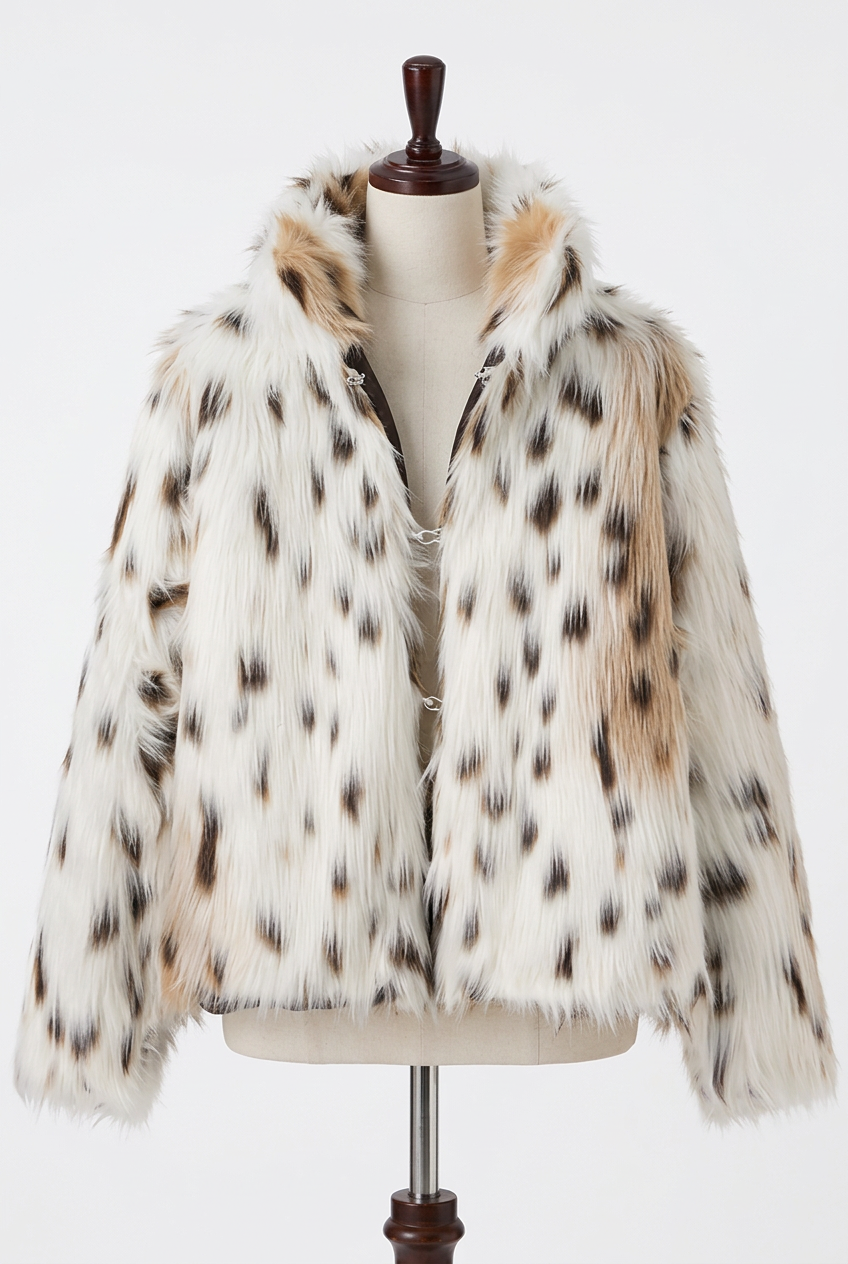 Leopard Print Faux Fur Cropped Jacket High Collar Hook Front Plush Fuzzy Coat