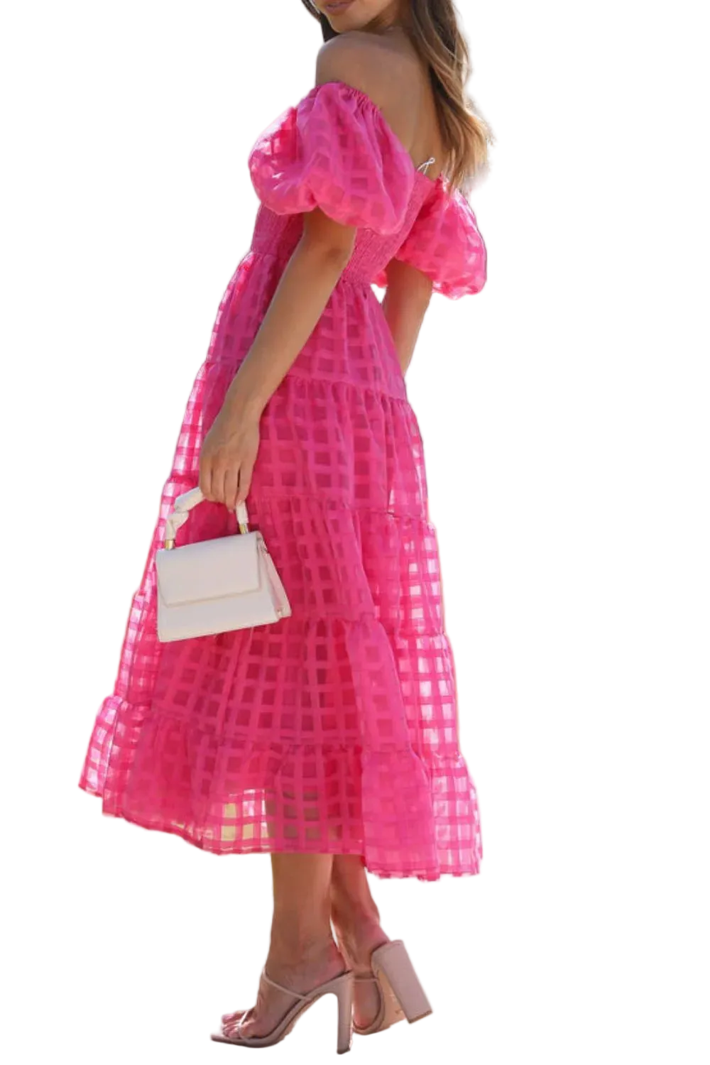 Off Shoulder Short Puff Sleeve Elastic Smocked Bodice Tiered A-line Midi Dress