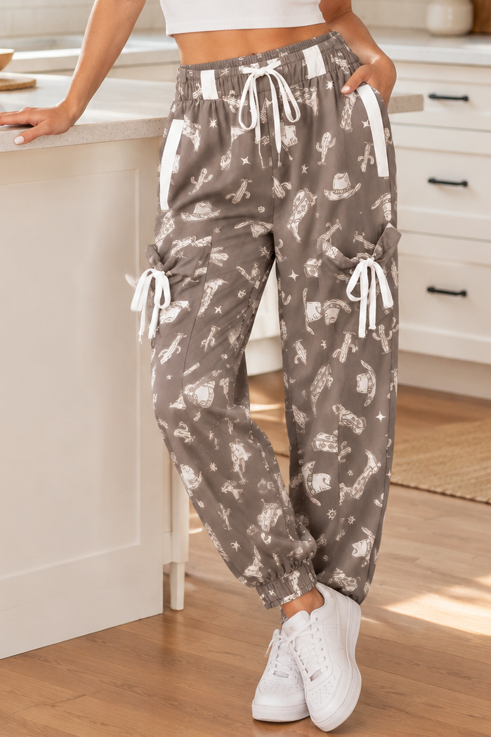 Western Cactus Cowgirl Cotton blend Drawstring Jogger Pants Drawstring Elastic Waist Tapered Leg
