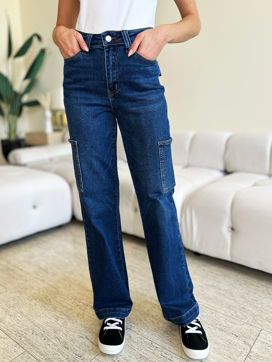 High-Rise Waist Cargo Denim Boyfriend Straight Leg Jean Pants Judy Blue