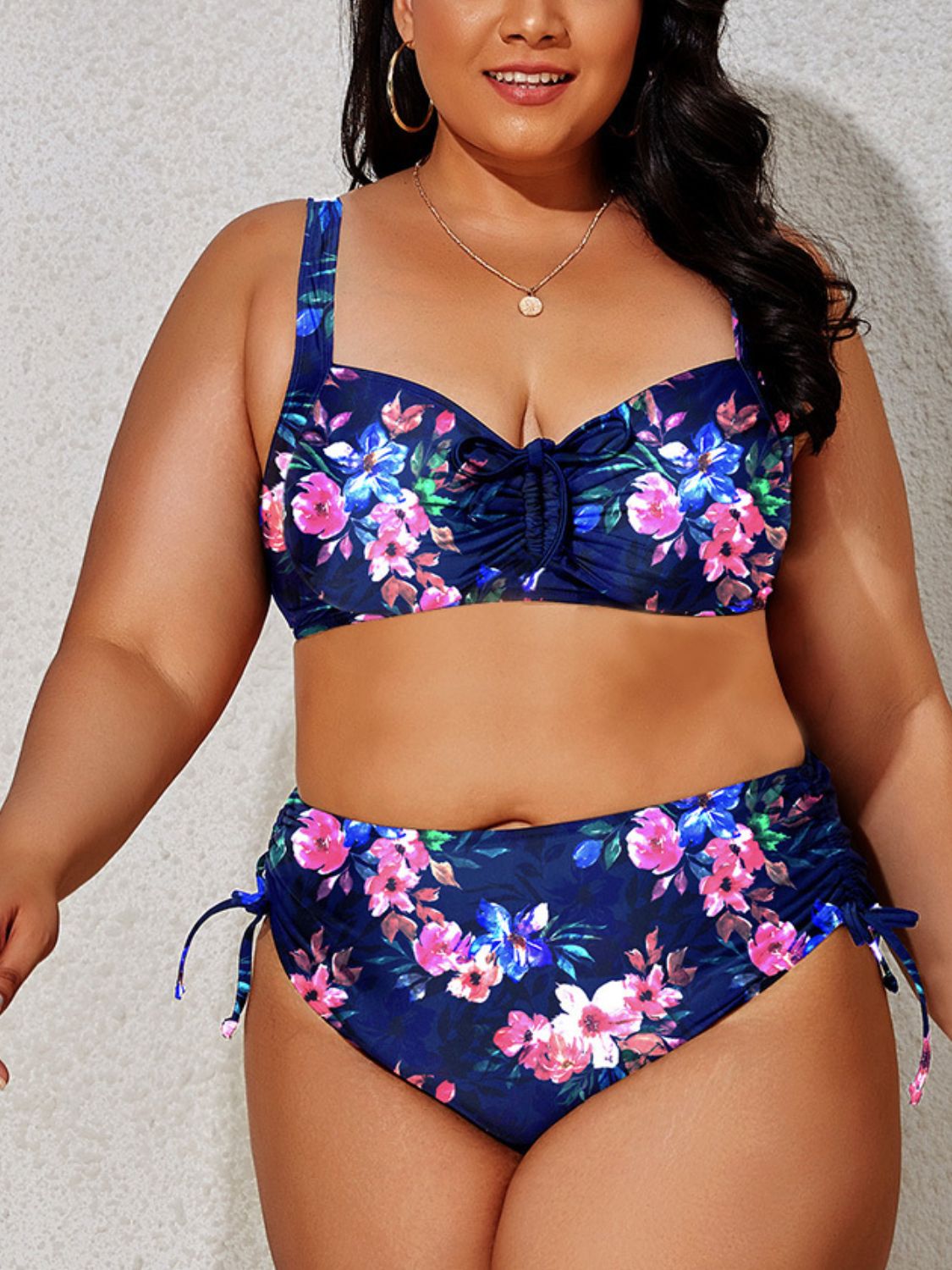 Drawstring Accent High-rise Waist Sweetheart Bikini Matching Swimwear Set Plus Size