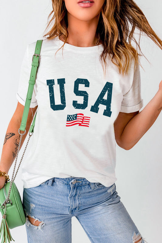 Rustic American Flag USA Graphic Shirt Americana Patriotic Short Sleeve Top