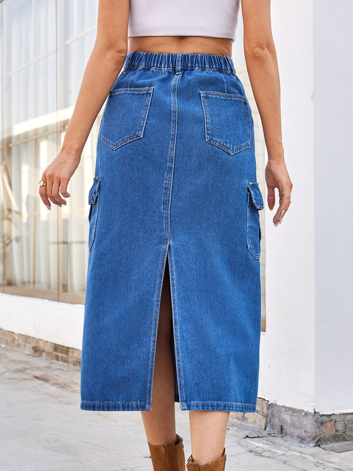 High-Rise Midi Retro Cargo Side Pocket Elastic Waist Denim Blue Jean Back Slit Skirt