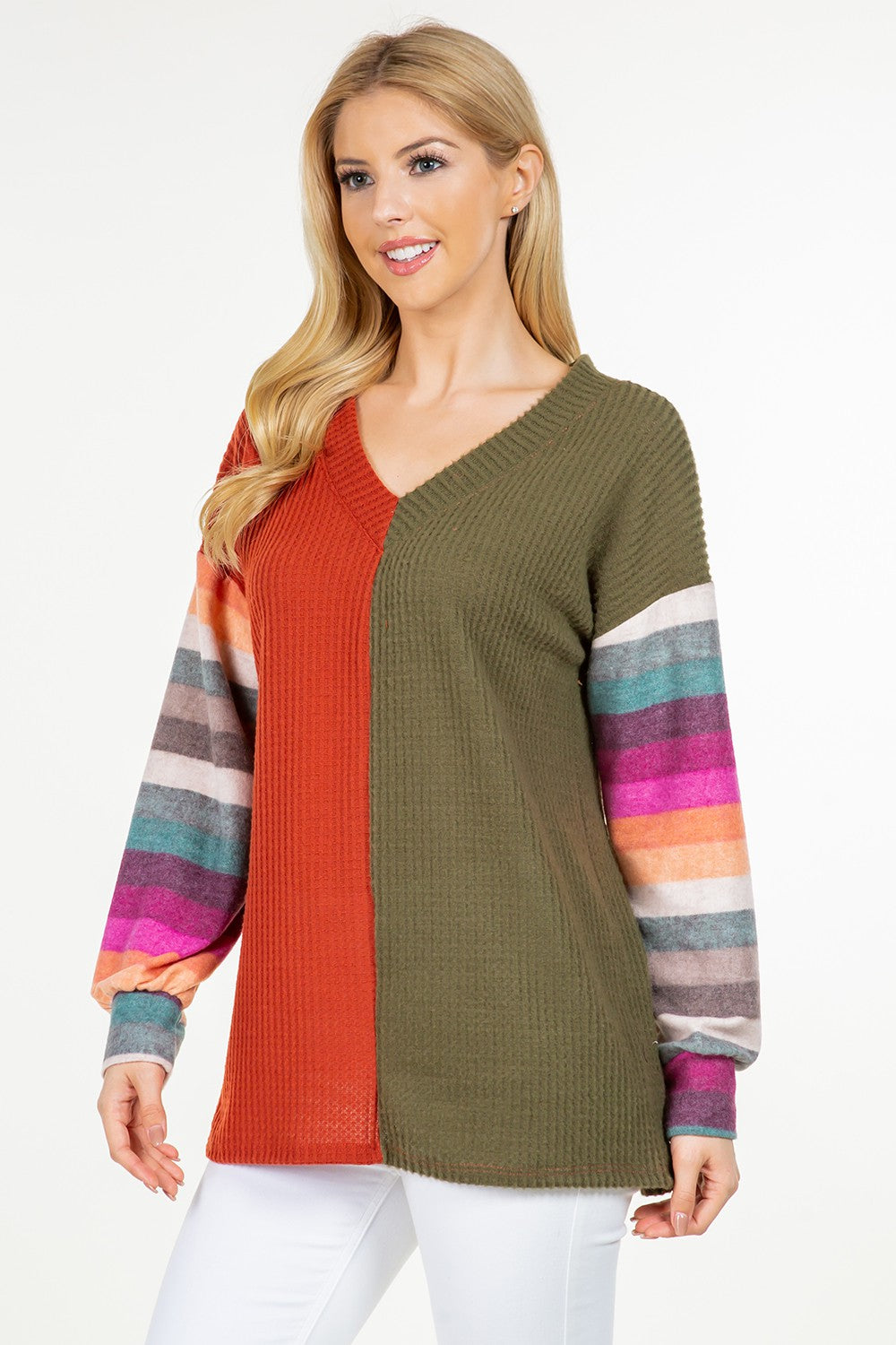 Celeste Patchwork Color Contrasting Top Stripe Long Sleeve Bohemian Waffle Knit Shirt