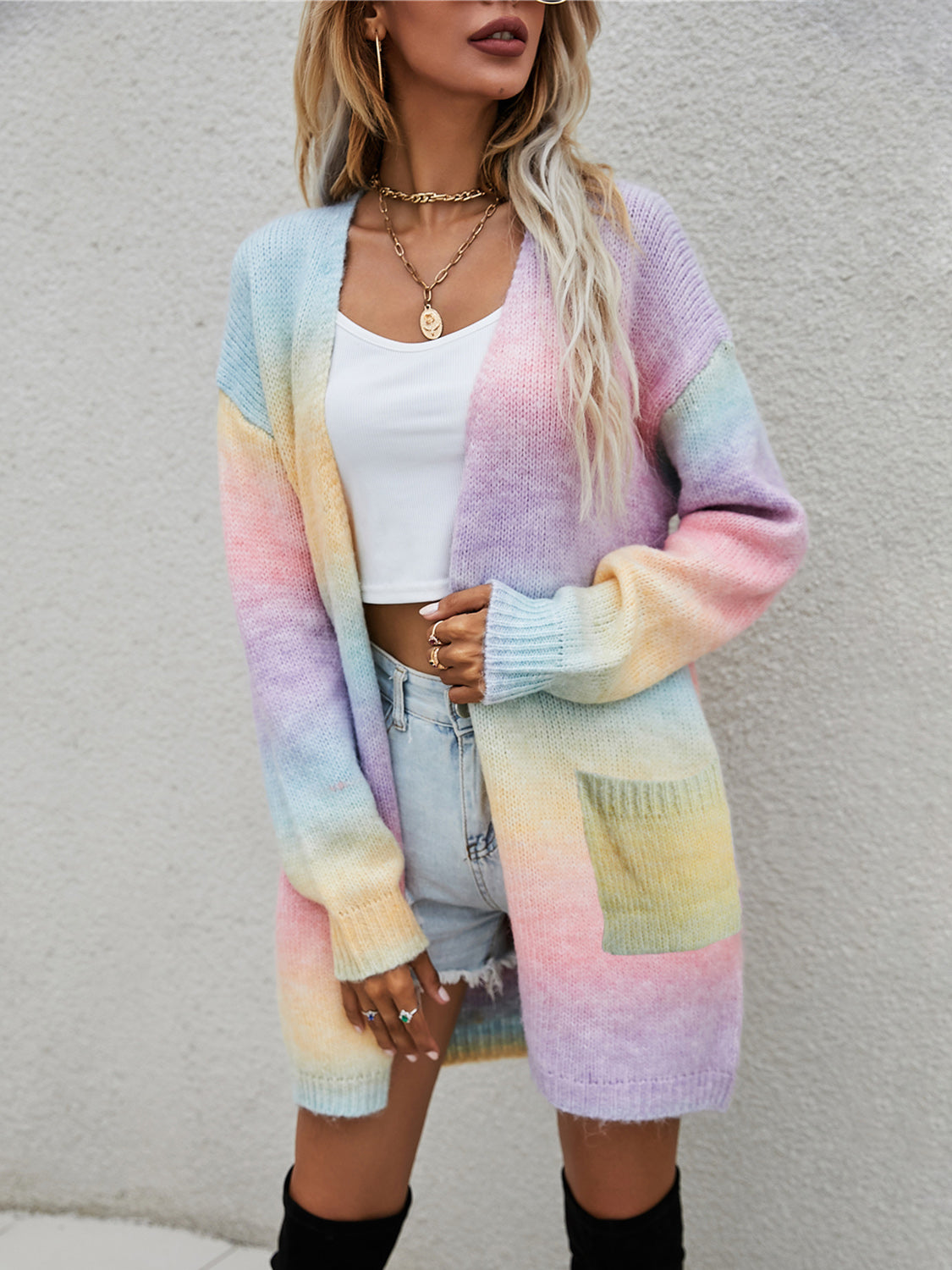 Retro Knit Longline Cardigan Colorful Ombre Patch Pocket Open Sweater Duster