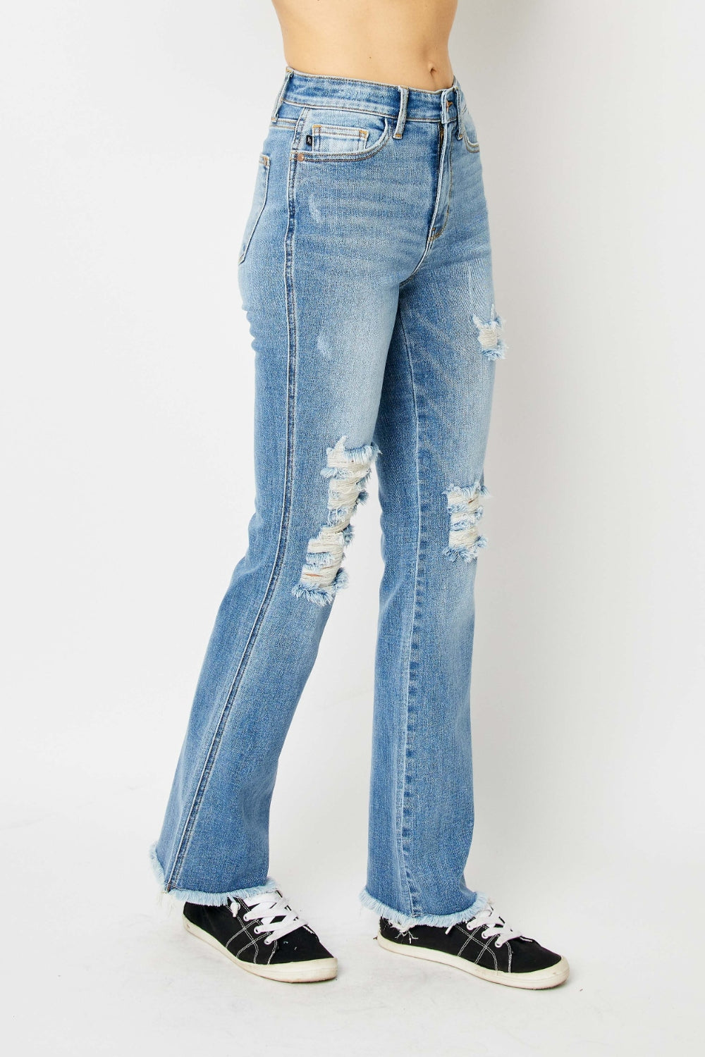 Retro 90s Distressed Bootcut Jeans Torn Hem Mid-Rise Denim Pants Judy Blue