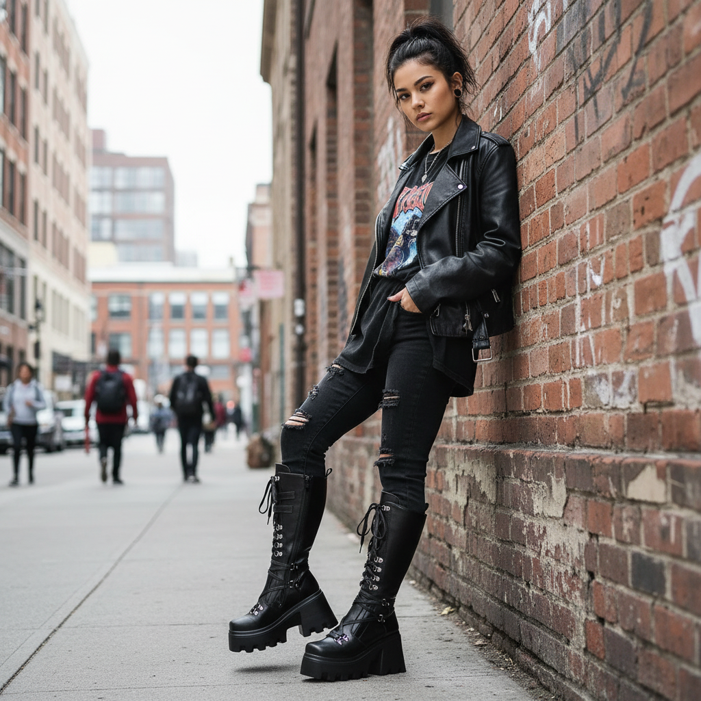 Tall Lace-Up Platform Combat Boots Vegan Leather Chunky Lug High Heel Shoes