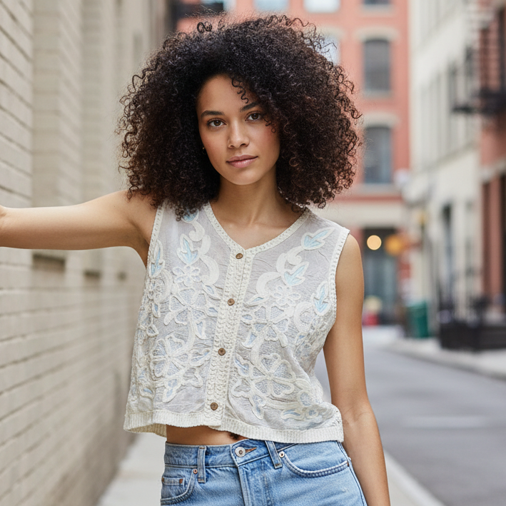 POL Embroidered Floral Granny Crochet Crop Top Wooden Button-Up V-neck Vest Cream Blue