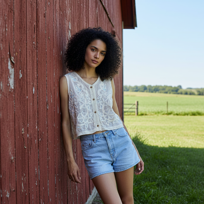 POL Embroidered Floral Granny Crochet Crop Top Wooden Button-Up V-neck Vest Cream Blue