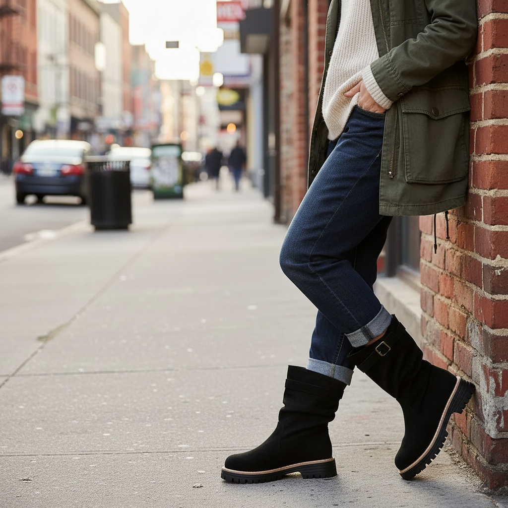 Buckle Wrap Slouch Boots Chunky Lug Block Heel Mid Calf Faux Suede Pull-on Shoes