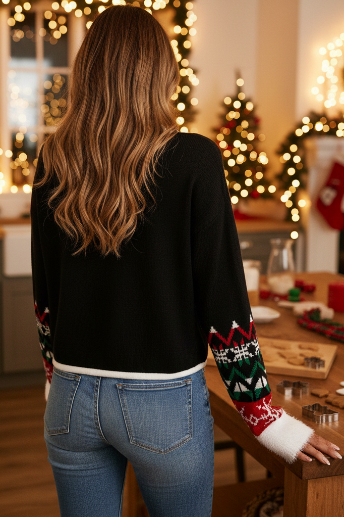Sequin Christmas Angry Kitty Cat Drawstring Hem Long Sleeve Sweater