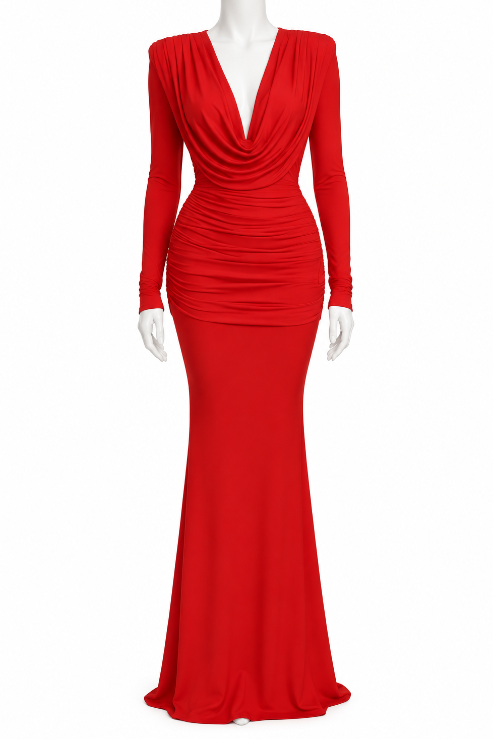 Ruched Cowl Neck Long Sleeve Bodycon Maxi Dress Draped Open Back Formal Gown
