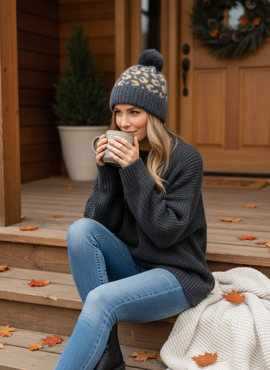 Fuzzy Eyelash Knit Leopard Faux Rabbit Fur Pom-Pom Beanie Winter Skullcap Pull-on Hat Adult