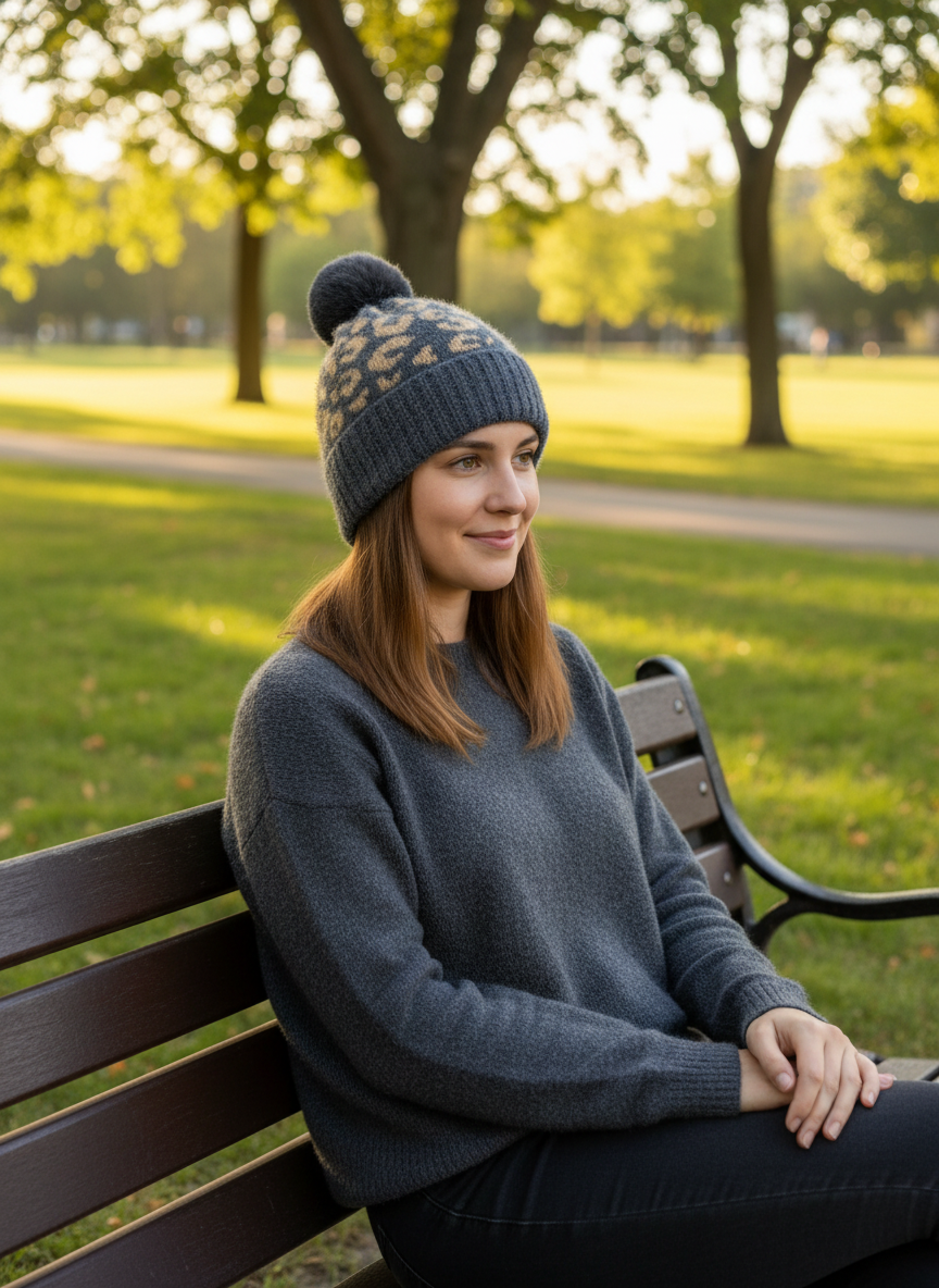 Fuzzy Eyelash Knit Leopard Faux Rabbit Fur Pom-Pom Beanie Winter Skullcap Pull-on Hat Adult