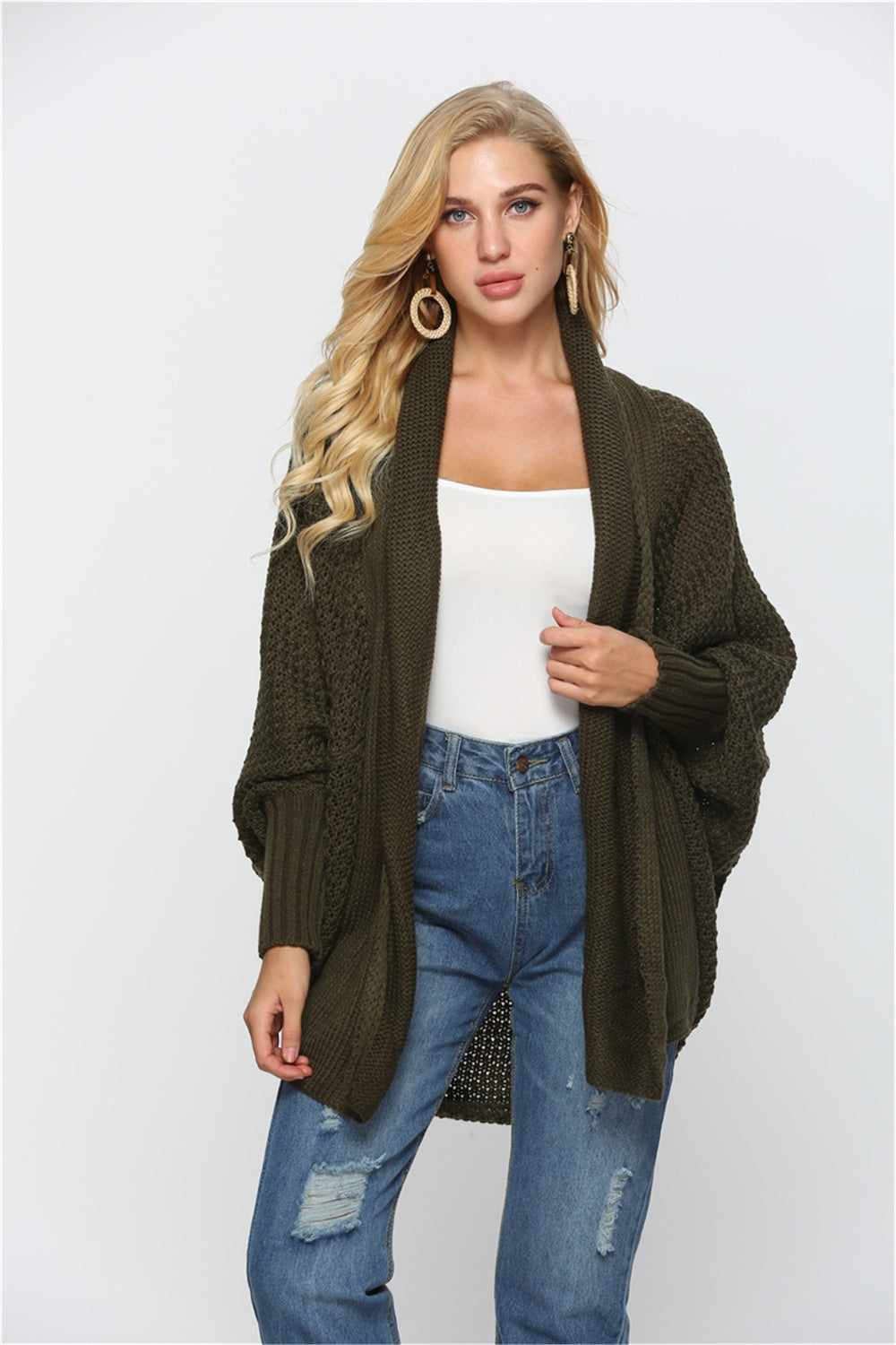 Oversized Knit Cardigan Batwing Sleeve Lightweight Baggy Open Front Sweater