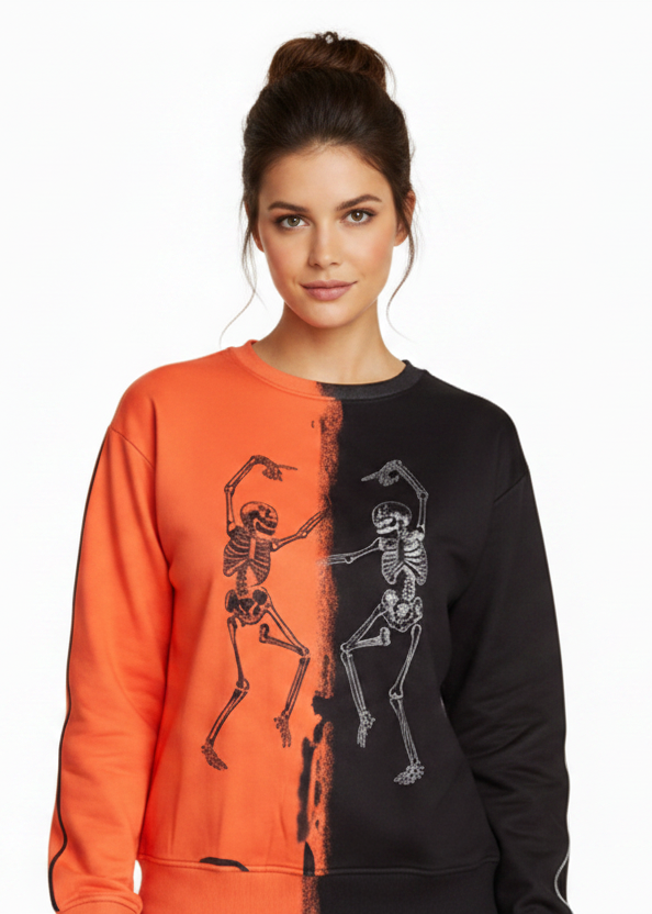 Dancing Skeletons Spray Paint Colorblock Oversized Halloween Pullover Sweatshirt