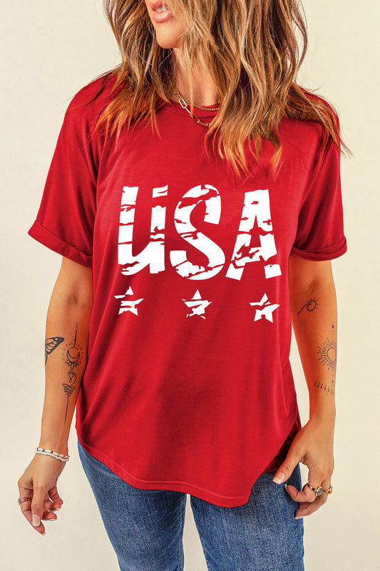 Rustic USA American Flag Graphic Shirt Americana Patriotic Short Sleeve Top