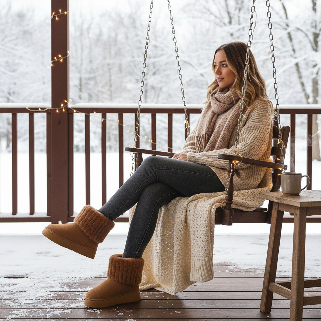 Faux Plush Fur Trim Platform Boots Suede Round Toe Fluff Lined Winter Slip-on Shoes