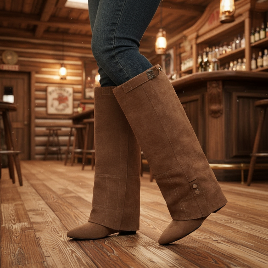 Pointed Toe Covered Overlay Vegan Suede Knee-high Boots Western Block Heel Shoes