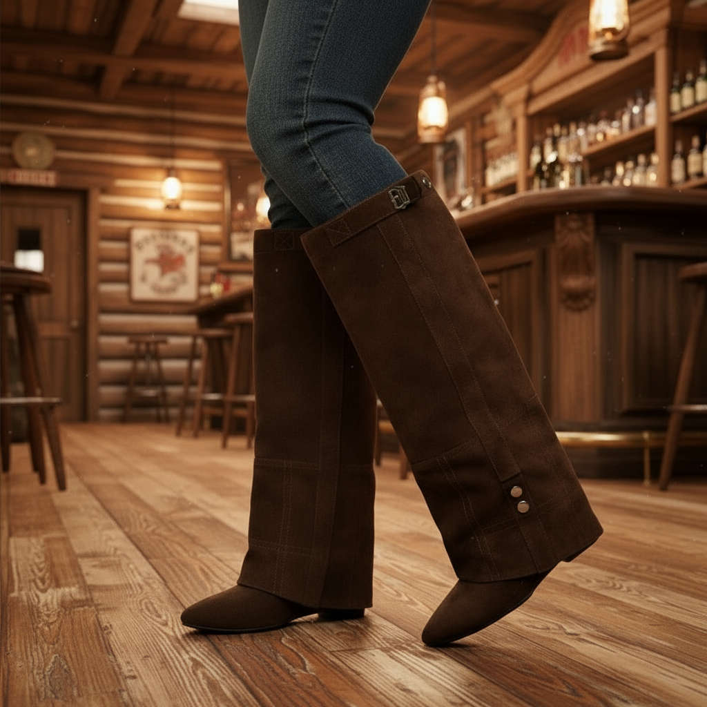 Pointed Toe Covered Overlay Vegan Suede Knee-high Boots Western Block Heel Shoes