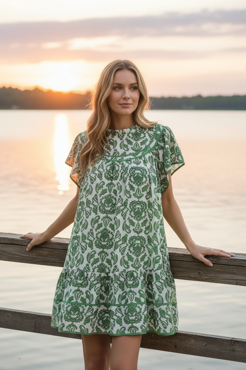 Umgee Tiered Babydoll Contrast Abstract Mini Dress Ruffle Mock Neck Short Flutter Sleeves Green