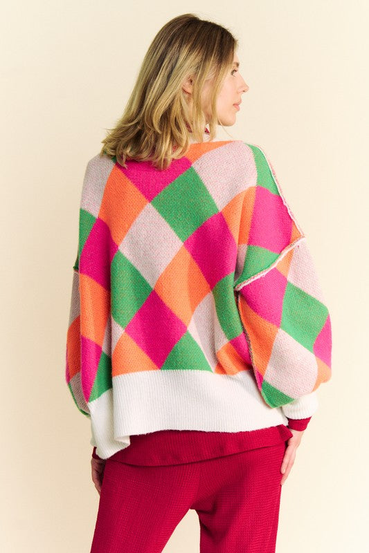 DAVI & DANI Retro Neon Diamond Stripe Long Sleeve Oversized Pullover Sweater Top