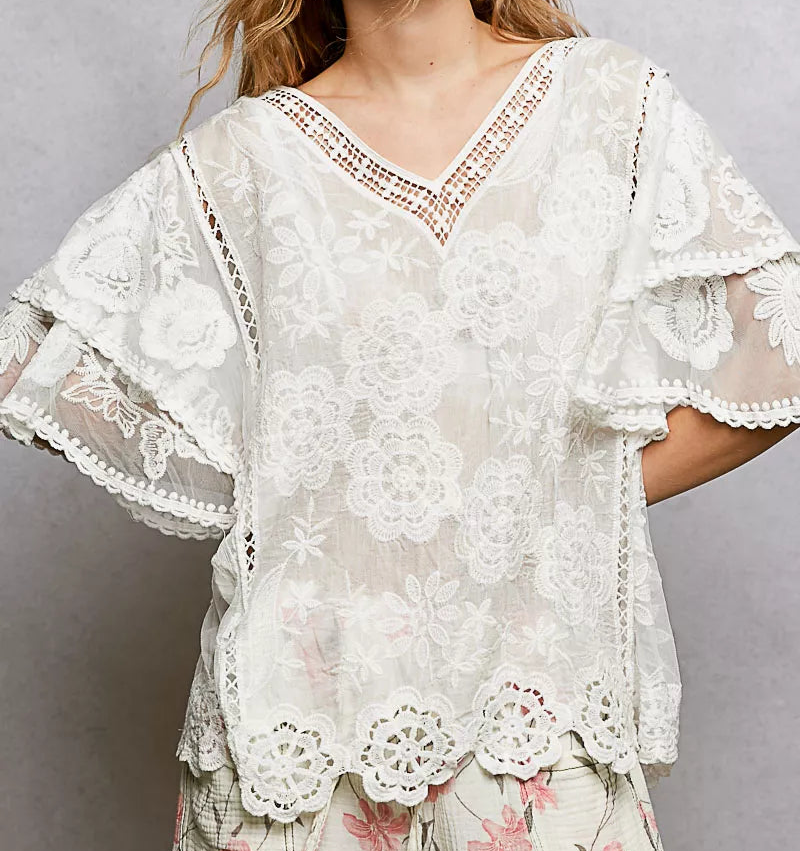 POL Floral Embroidered Flutter Sleeve Blouse Crochet Scalloped Hem Eyelet Lace Top Off-white