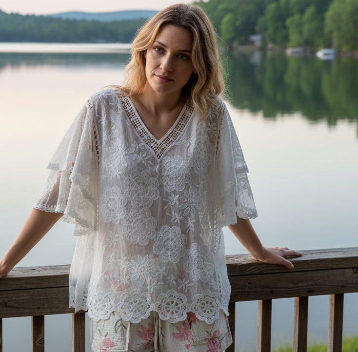 POL Floral Embroidered Flutter Sleeve Blouse Crochet Scalloped Hem Eyelet Lace Top Off-white