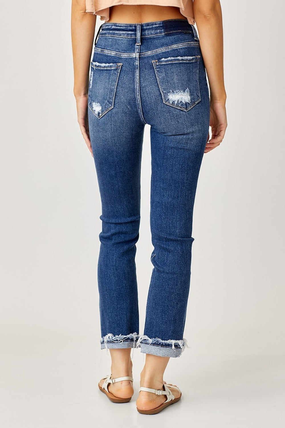 RISEN Retro High-Rise Distressed Mom Jeans Straight Leg Cuffed Raw Denim Pants