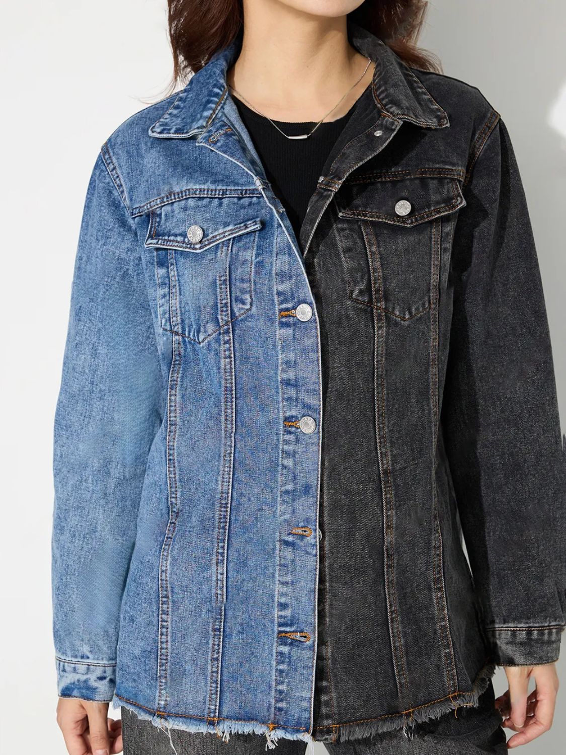 Two-tone Oversized Contrasting Denim Button-Up Jean Jacket Frayed Raw Hem Top