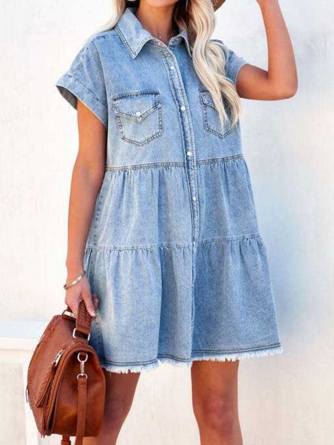 Button-Up Denim Short Sleeve Blue Jean Tiered Raw Hem Babydoll Mini Dress