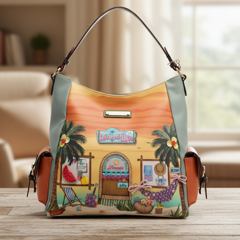 Nicole Lee 3D Fruit Sun and Sand Side Cargo Pockets Hobo Shoulder Bag Purse