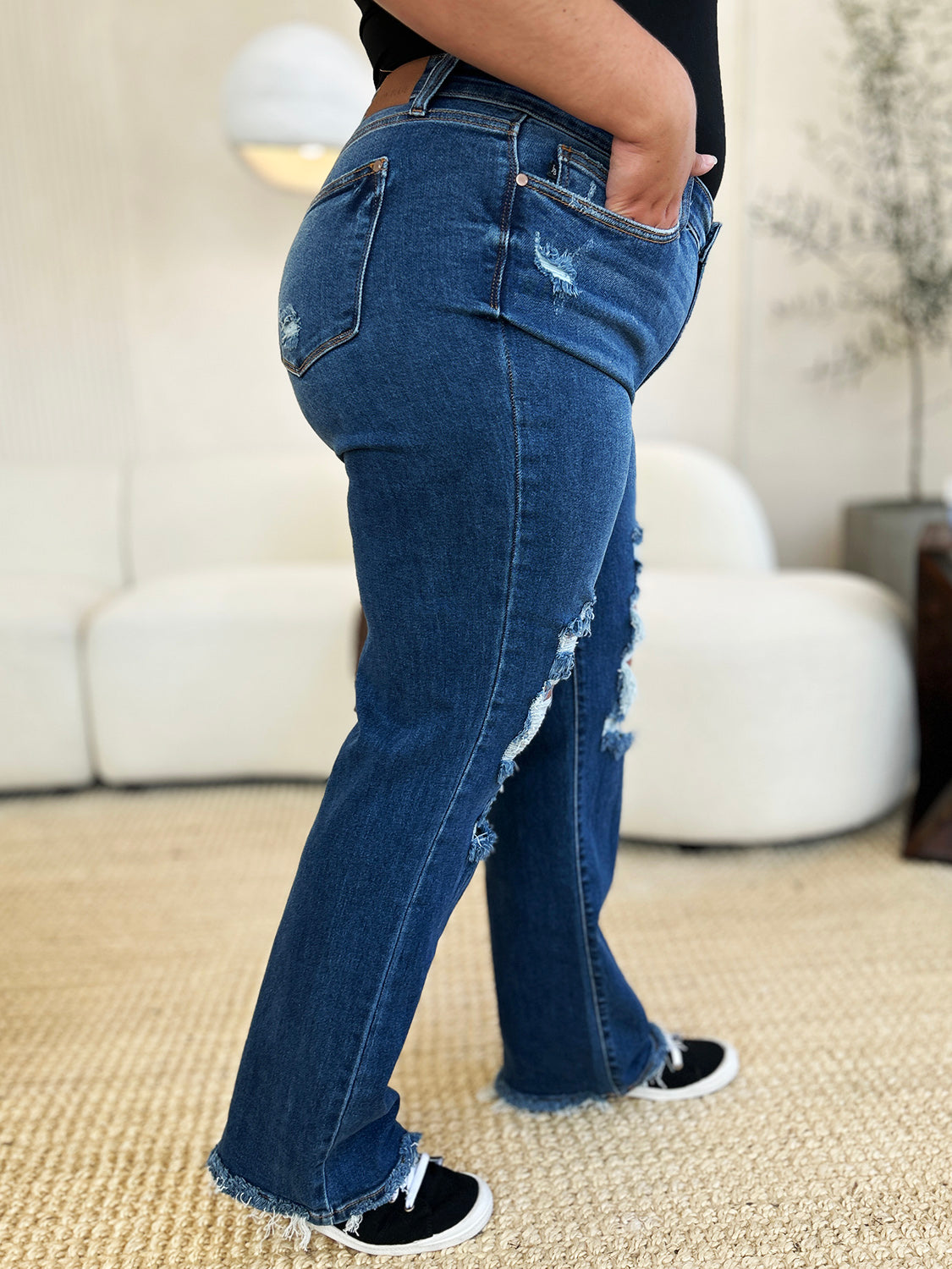 Mid-Rise Distressed Torn Mom Jeans Straight Leg Raw Hem Denim Pants Judy Blue