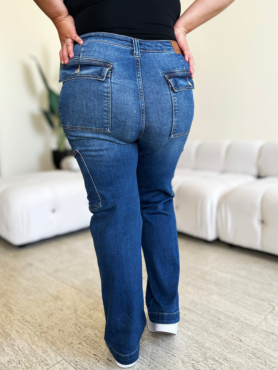 High-Rise Waist Cargo Denim Boyfriend Straight Leg Jean Pants Judy Blue