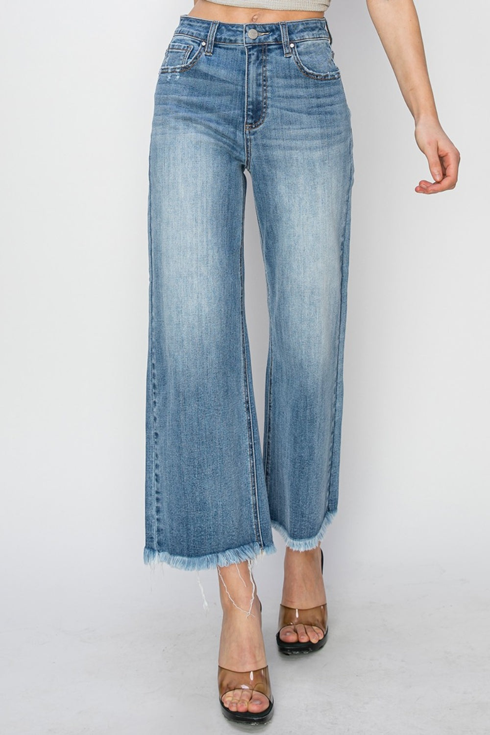 RISEN High-Rise Wide Leg Pants Distressed Cut-off Cropped Boyfriend Jeans Denim