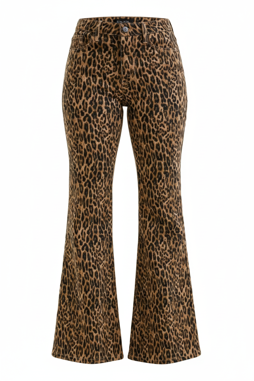 Judy Blue Jacqueline Mid-Rise Slim Fit Wide Flare Leg Denim Leopard Jean Pants