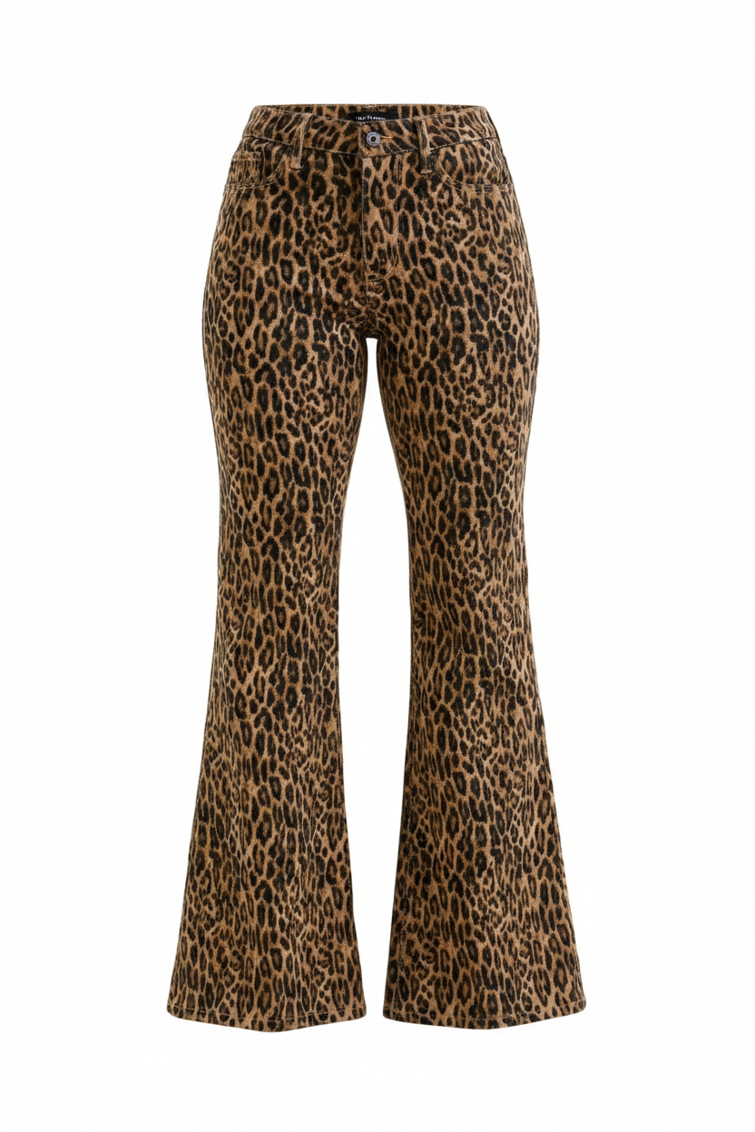 Judy Blue Jacqueline Mid-Rise Slim Fit Wide Flare Leg Denim Leopard Jean Pants